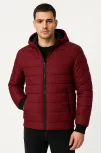 Erkek Şişme Kapüşonlu Fermuarlı Mont Su İtici Kapitone Astarlı Kumaş Cepli Kışlık Rahat Kalıp - Bordo