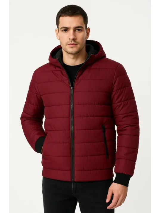 Erkek Şişme Kapüşonlu Fermuarlı Mont Su İtici Kapitone Astarlı Kumaş Cepli Kışlık Rahat Kalıp - Bordo