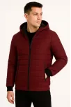 Erkek Şişme Kapüşonlu Fermuarlı Mont Su İtici Kapitone Astarlı Kumaş Cepli Kışlık Rahat Kalıp - Bordo