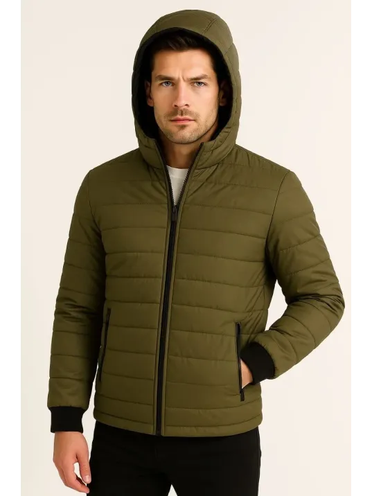 Erkek Şişme Kapüşonlu Fermuarlı Mont Su itici Kapitone Astarlı Kumaş Cepli Kışlık Rahat Kalıp - Haki