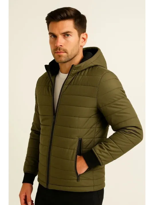 Erkek Şişme Kapüşonlu Fermuarlı Mont Su itici Kapitone Astarlı Kumaş Cepli Kışlık Rahat Kalıp - Haki