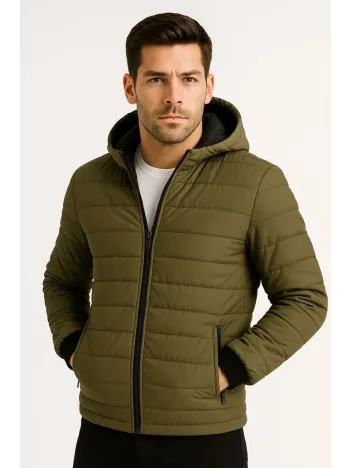 Erkek Şişme Kapüşonlu Fermuarlı Mont Su itici Kapitone Astarlı Kumaş Cepli Kışlık Rahat Kalıp - Haki