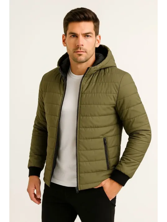 Erkek Şişme Kapüşonlu Fermuarlı Mont Su itici Kapitone Astarlı Kumaş Cepli Kışlık Rahat Kalıp - Haki