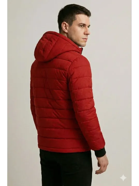 Erkek Şişme Kapüşonlu Fermuarlı Mont Su İtici Kapitone Astarlı Kumaş Cepli Kışlık Rahat Kalıp - Kırmızı