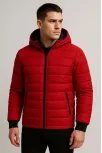 Erkek Şişme Kapüşonlu Fermuarlı Mont Su İtici Kapitone Astarlı Kumaş Cepli Kışlık Rahat Kalıp - Kırmızı