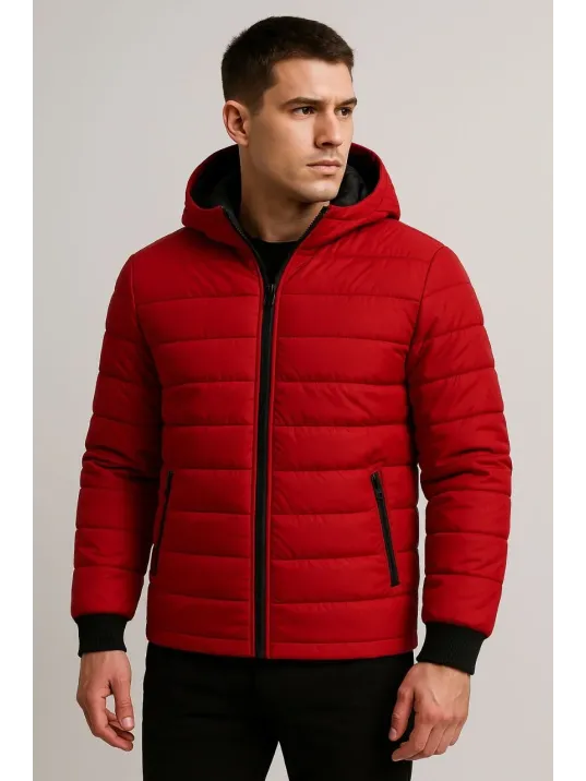 Erkek Şişme Kapüşonlu Fermuarlı Mont Su İtici Kapitone Astarlı Kumaş Cepli Kışlık Rahat Kalıp - Kırmızı