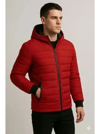 Erkek Şişme Kapüşonlu Fermuarlı Mont Su İtici Kapitone Astarlı Kumaş Cepli Kışlık Rahat Kalıp - Kırmızı