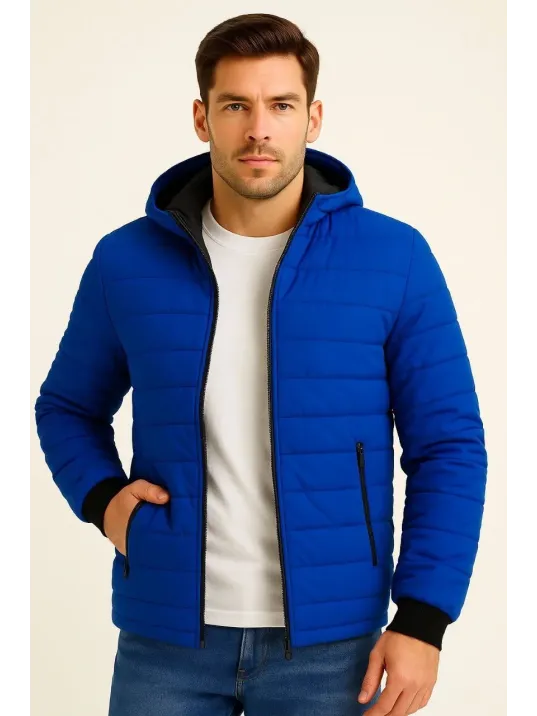 Erkek Şişme Kapüşonlu Fermuarlı Mont Su itici Kapitone Astarlı Kumaş Cepli Kışlık Rahat Kalıp - Saks Mavisi