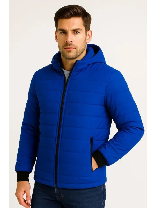 Erkek Şişme Kapüşonlu Fermuarlı Mont Su itici Kapitone Astarlı Kumaş Cepli Kışlık Rahat Kalıp - Saks Mavisi