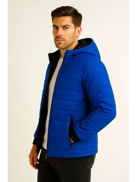 Erkek Şişme Kapüşonlu Fermuarlı Mont Su itici Kapitone Astarlı Kumaş Cepli Kışlık Rahat Kalıp - Saks Mavisi