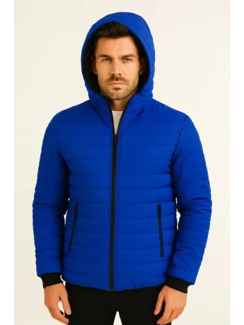 Erkek Şişme Kapüşonlu Fermuarlı Mont Su itici Kapitone Astarlı Kumaş Cepli Kışlık Rahat Kalıp - Saks Mavisi