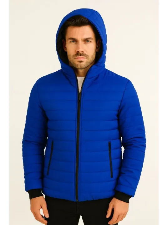 Erkek Şişme Kapüşonlu Fermuarlı Mont Su itici Kapitone Astarlı Kumaş Cepli Kışlık Rahat Kalıp - Saks Mavisi