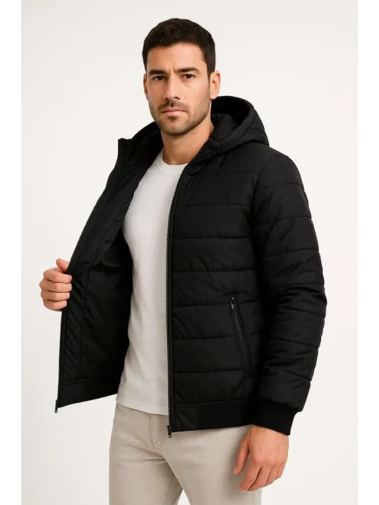 Erkek Şişme Kapüşonlu Fermuarlı Mont Su İtici Kapitone Astarlı Kumaş Cepli Kışlık Rahat Kalıp - Siyah Erkek Şişme Kapüşonlu Fermuarlı Mont Su İtici Kapitone Astarlı Kumaş Cepli Kışlık Rahat Kalıp - Siyah