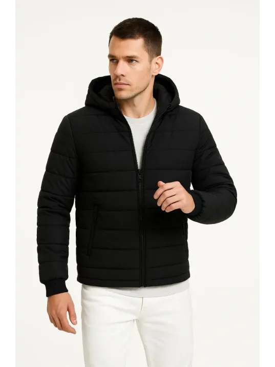 Erkek Şişme Kapüşonlu Fermuarlı Mont Su İtici Kapitone Astarlı Kumaş Cepli Kışlık Rahat Kalıp - Siyah Erkek Şişme Kapüşonlu Fermuarlı Mont Su İtici Kapitone Astarlı Kumaş Cepli Kışlık Rahat Kalıp - Siyah