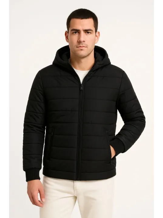 Erkek Şişme Kapüşonlu Fermuarlı Mont Su İtici Kapitone Astarlı Kumaş Cepli Kışlık Rahat Kalıp - Siyah Erkek Şişme Kapüşonlu Fermuarlı Mont Su İtici Kapitone Astarlı Kumaş Cepli Kışlık Rahat Kalıp - Siyah