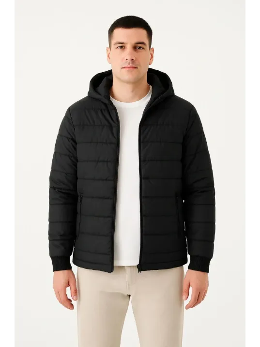 Erkek Şişme Kapüşonlu Fermuarlı Mont Su İtici Kapitone Astarlı Kumaş Cepli Kışlık Rahat Kalıp - Siyah Erkek Şişme Kapüşonlu Fermuarlı Mont Su İtici Kapitone Astarlı Kumaş Cepli Kışlık Rahat Kalıp - Siyah