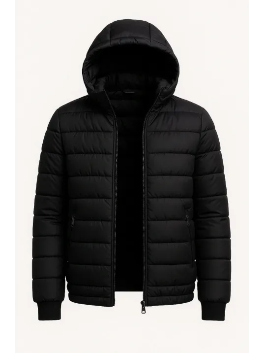 Erkek Şişme Kapüşonlu Fermuarlı Mont Su İtici Kapitone Astarlı Kumaş Cepli Kışlık Rahat Kalıp - Siyah Erkek Şişme Kapüşonlu Fermuarlı Mont Su İtici Kapitone Astarlı Kumaş Cepli Kışlık Rahat Kalıp - Siyah