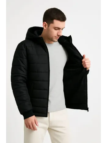 Erkek Şişme Kapüşonlu Fermuarlı Mont Su İtici Kapitone Astarlı Kumaş Cepli Kışlık Rahat Kalıp - Siyah
