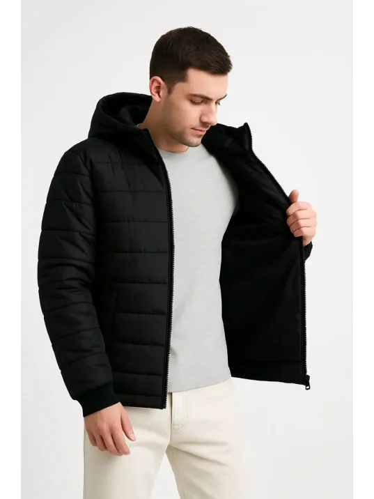 Erkek Şişme Kapüşonlu Fermuarlı Mont Su İtici Kapitone Astarlı Kumaş Cepli Kışlık Rahat Kalıp - Siyah Erkek Şişme Kapüşonlu Fermuarlı Mont Su İtici Kapitone Astarlı Kumaş Cepli Kışlık Rahat Kalıp - Siyah
