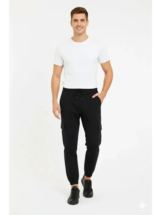 Erkek Siyah Jogger Eşofman Altı Rahat Kalıp, Kargo Cepli, Lastikli Paça, Günlük Spor Pantolon - Siyah Erkek Siyah Jogger Eşofman Altı Rahat Kalıp, Kargo Cepli, Lastikli Paça, Günlük Spor Pantolon - Siyah