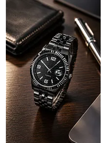 Erkek Siyah Renk Metal Kordon Analog Kol Saati Takvim Göstergeli Siyah Petek Desenli Kadran