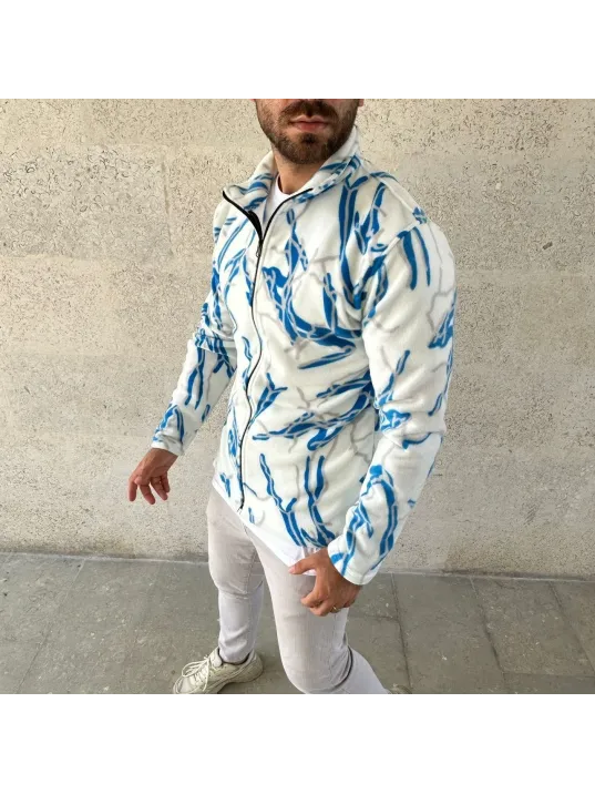 Erkek Tam Fermuarlı Desenli Polar Sweat Lightning Desen Yakalı, Uzun Kollu, Oversize Rahat Kalıp - Beyaz Erkek Tam Fermuarlı Desenli Polar Sweat Lightning Desen Yakalı, Uzun Kollu, Oversize Rahat Kalıp - Beyaz