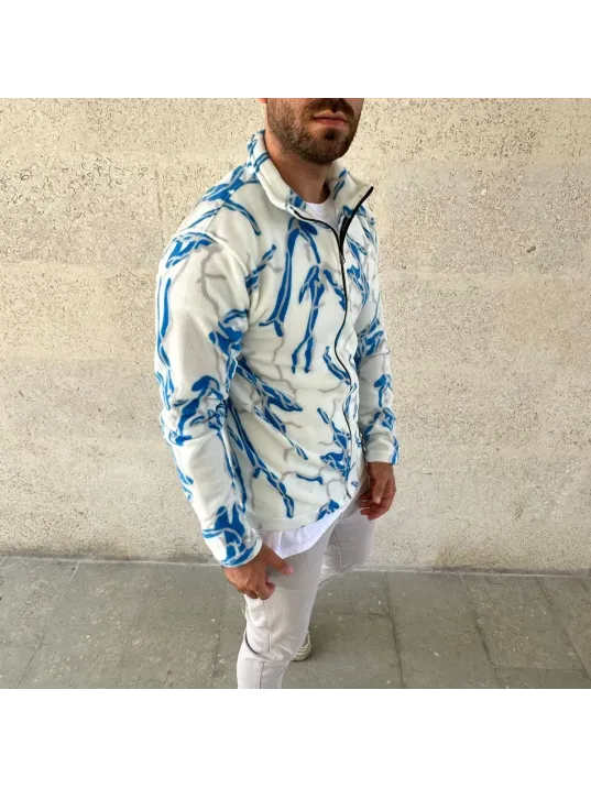 Erkek Tam Fermuarlı Desenli Polar Sweat Lightning Desen Yakalı, Uzun Kollu, Oversize Rahat Kalıp - Beyaz Erkek Tam Fermuarlı Desenli Polar Sweat Lightning Desen Yakalı, Uzun Kollu, Oversize Rahat Kalıp - Beyaz