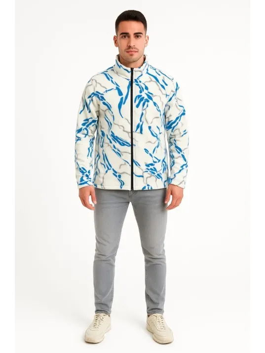 Erkek Tam Fermuarlı Desenli Polar Sweat Lightning Desen Yakalı, Uzun Kollu, Oversize Rahat Kalıp - Beyaz Erkek Tam Fermuarlı Desenli Polar Sweat Lightning Desen Yakalı, Uzun Kollu, Oversize Rahat Kalıp - Beyaz