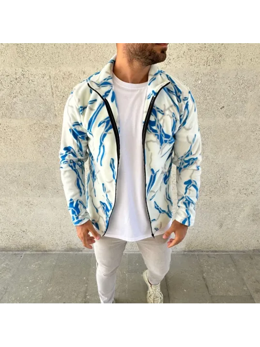 Erkek Tam Fermuarlı Desenli Polar Sweat Lightning Desen Yakalı, Uzun Kollu, Oversize Rahat Kalıp - Beyaz Erkek Tam Fermuarlı Desenli Polar Sweat Lightning Desen Yakalı, Uzun Kollu, Oversize Rahat Kalıp - Beyaz