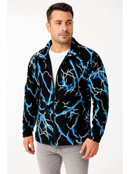 Erkek Tam Fermuarlı Desenli Polar Sweat Lightning Desen Yakalı, Uzun Kollu, Oversize Rahat Kalıp - Siyah Erkek Tam Fermuarlı Desenli Polar Sweat Lightning Desen Yakalı, Uzun Kollu, Oversize Rahat Kalıp - Siyah