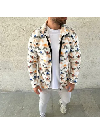 Erkek Tam Fermuarlı Desenli Polar Sweat – Siyah Multicolor Figür Desen Yakalı, Uzun Kollu, Oversize Rahat Kalıp- Beyaz Erkek Tam Fermuarlı Desenli Polar Sweat – Siyah Multicolor Figür Desen Yakalı, Uzun Kollu, Oversize Rahat Kalıp- Beyaz