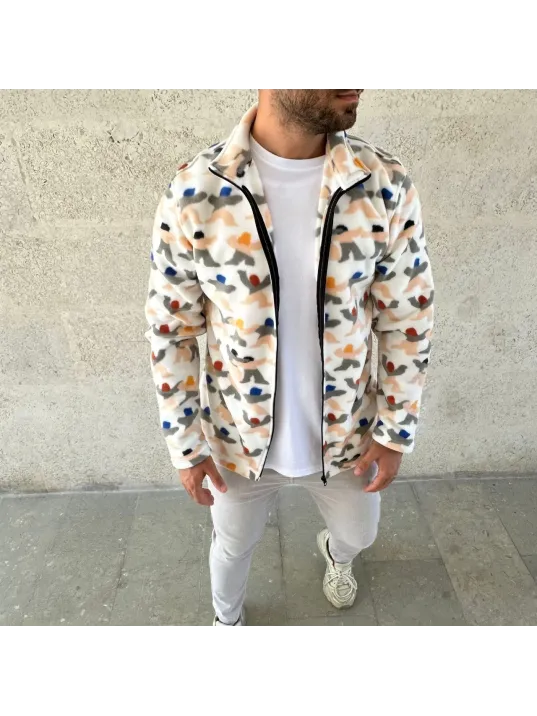 Erkek Tam Fermuarlı Desenli Polar Sweat – Siyah Multicolor Figür Desen Yakalı, Uzun Kollu, Oversize Rahat Kalıp- Beyaz Erkek Tam Fermuarlı Desenli Polar Sweat – Siyah Multicolor Figür Desen Yakalı, Uzun Kollu, Oversize Rahat Kalıp- Beyaz