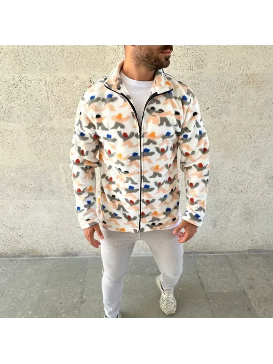 Erkek Tam Fermuarlı Desenli Polar Sweat – Siyah Multicolor Figür Desen Yakalı, Uzun Kollu, Oversize Rahat Kalıp- Beyaz Erkek Tam Fermuarlı Desenli Polar Sweat – Siyah Multicolor Figür Desen Yakalı, Uzun Kollu, Oversize Rahat Kalıp- Beyaz