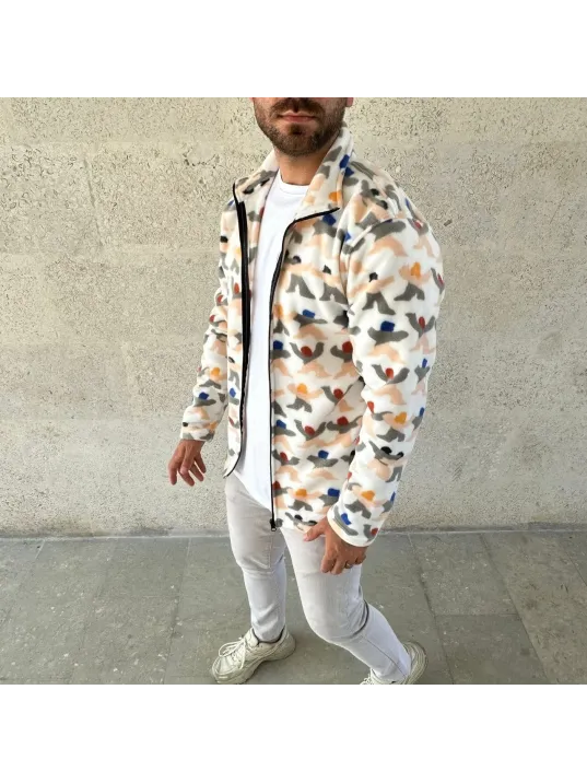 Erkek Tam Fermuarlı Desenli Polar Sweat – Siyah Multicolor Figür Desen Yakalı, Uzun Kollu, Oversize Rahat Kalıp- Beyaz Erkek Tam Fermuarlı Desenli Polar Sweat – Siyah Multicolor Figür Desen Yakalı, Uzun Kollu, Oversize Rahat Kalıp- Beyaz