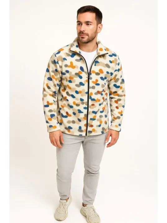 Erkek Tam Fermuarlı Desenli Polar Sweat – Siyah Multicolor Figür Desen Yakalı, Uzun Kollu, Oversize Rahat Kalıp- Beyaz Erkek Tam Fermuarlı Desenli Polar Sweat – Siyah Multicolor Figür Desen Yakalı, Uzun Kollu, Oversize Rahat Kalıp- Beyaz