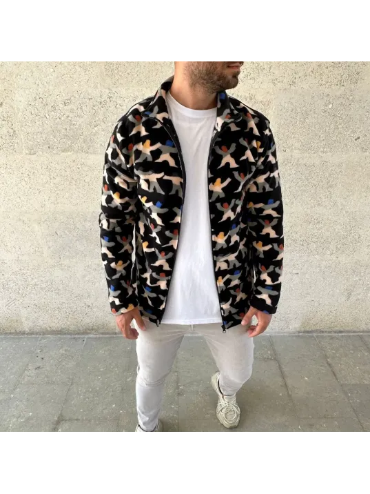 Erkek Tam Fermuarlı Desenli Polar Sweat – Siyah Multicolor Figür Desen Yakalı, Uzun Kollu, Oversize Rahat Kalıp- Siyah Erkek Tam Fermuarlı Desenli Polar Sweat – Siyah Multicolor Figür Desen Yakalı, Uzun Kollu, Oversize Rahat Kalıp- Siyah