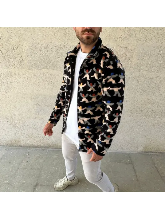 Erkek Tam Fermuarlı Desenli Polar Sweat – Siyah Multicolor Figür Desen Yakalı, Uzun Kollu, Oversize Rahat Kalıp- Siyah Erkek Tam Fermuarlı Desenli Polar Sweat – Siyah Multicolor Figür Desen Yakalı, Uzun Kollu, Oversize Rahat Kalıp- Siyah