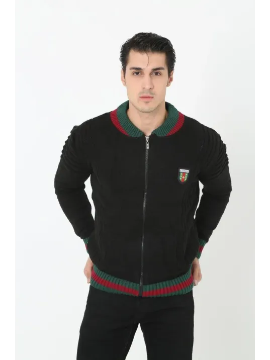 Erkek Tam Fermuarlı Triko Hırka - Siyah Erkek Tam Fermuarlı Triko Hırka - Siyah