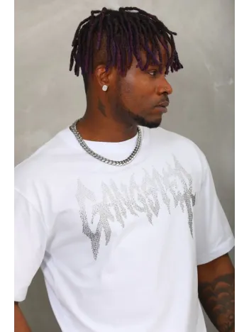 Unisex Oversize Taşlı Bisiklet Yaka T-Shirt - Beyaz