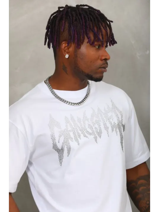 Unisex Oversize Taşlı Bisiklet Yaka T-Shirt - Beyaz Unisex Oversize Taşlı Bisiklet Yaka T-Shirt - Beyaz