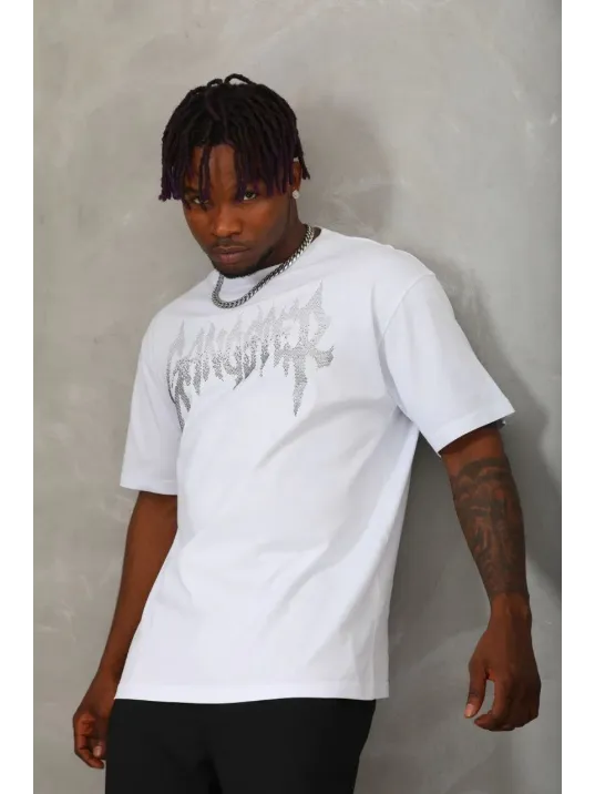 Unisex Oversize Taşlı Bisiklet Yaka T-Shirt - Beyaz Unisex Oversize Taşlı Bisiklet Yaka T-Shirt - Beyaz