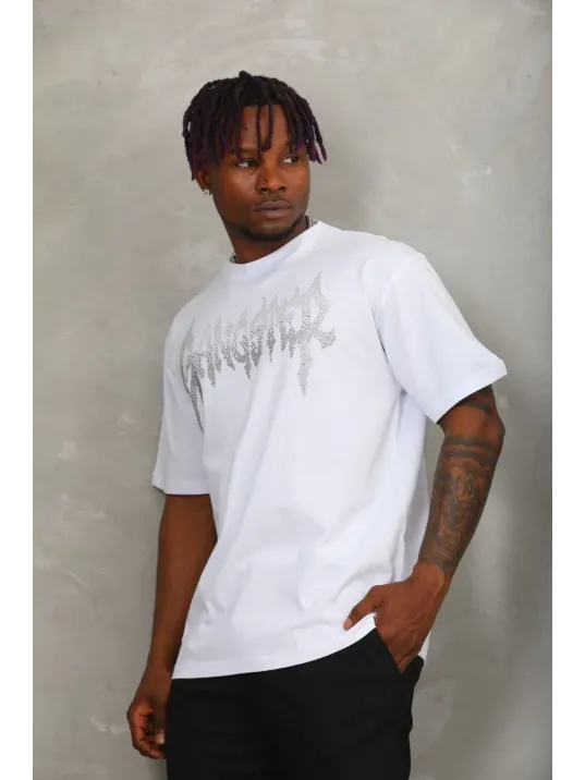 Unisex Oversize Taşlı Bisiklet Yaka T-Shirt - Beyaz Unisex Oversize Taşlı Bisiklet Yaka T-Shirt - Beyaz