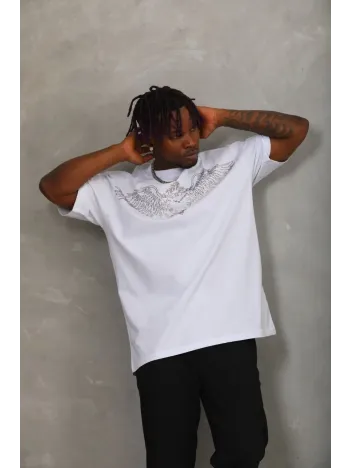 Unisex Oversize Taşlı Bisiklet Yaka T-Shirt - Beyaz