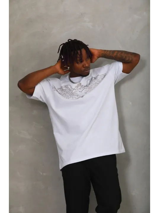 Unisex Oversize Taşlı Bisiklet Yaka T-Shirt - Beyaz Unisex Oversize Taşlı Bisiklet Yaka T-Shirt - Beyaz