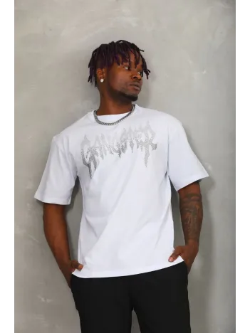 Unisex Oversize Taşlı Bisiklet Yaka T-Shirt - Beyaz Unisex Oversize Taşlı Bisiklet Yaka T-Shirt - Beyaz