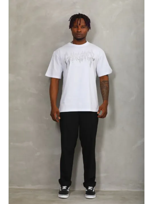 Unisex Oversize Taşlı Bisiklet Yaka T-Shirt - Beyaz Unisex Oversize Taşlı Bisiklet Yaka T-Shirt - Beyaz