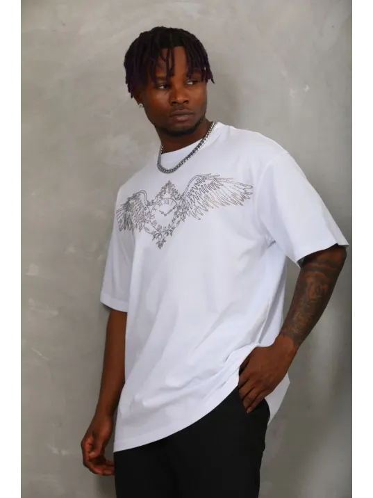 Unisex Oversize Taşlı Bisiklet Yaka T-Shirt - Beyaz Unisex Oversize Taşlı Bisiklet Yaka T-Shirt - Beyaz