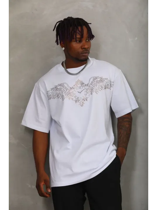 Unisex Oversize Taşlı Bisiklet Yaka T-Shirt - Beyaz Unisex Oversize Taşlı Bisiklet Yaka T-Shirt - Beyaz