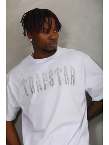 Unisex Oversize Taşlı Bisiklet Yaka T-Shirt - Beyaz