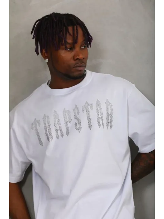 Unisex Oversize Taşlı Bisiklet Yaka T-Shirt - Beyaz Unisex Oversize Taşlı Bisiklet Yaka T-Shirt - Beyaz